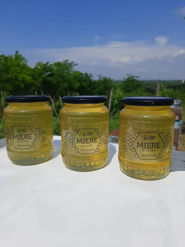 Trei borcane de miere de salcâm de 1 kg, cu stupina în fundal